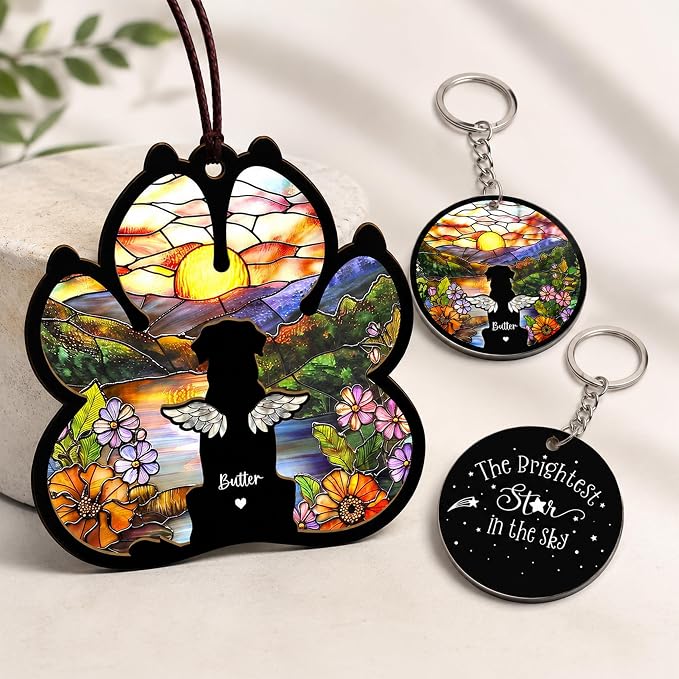 Personalized Pet Memorial Suncatcher, Custom Dog Cat Memorial Window Hanging with Photo & Name, Stained Glass Style Memorial Suncatcher, Rainbow Bridge Sympathy Gift for Pet Lovers