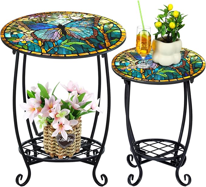 Cinnvoice 2 Pcs Outdoor Side Table Small Patio Round Mosaic Accent End Table Indoor Plant Metal Coffee Tea Tables for Patio Yard Porch Garden Living Room(12" and 18",Butterfly Style)