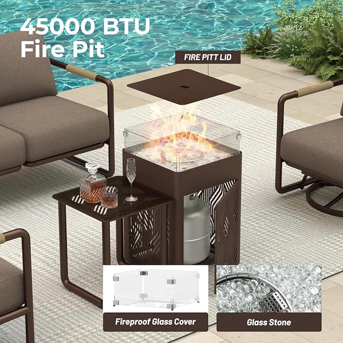 Outdoor 4-Seat Conversation Set with 2 Swivel Rocking Chairs, 45000 BTU Fire Pit Table & Glass Wind Guard - Brown