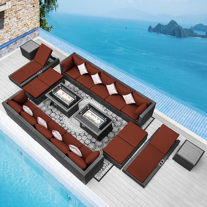 NICESOUL 20 Piece Extra Large Patio Furniture Set w/Fire Pit Table & Chaise Lounge, Modern Luxury Outdoor Group Seating w/Firepit, Comfortable 29.3" High-Back Sectional Couch Deep Seat, Gray & Red