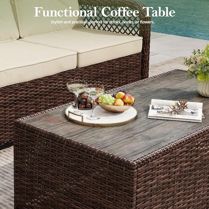 Outdoor Patio Furniture Set with Swivel Chairs and Ottoman, 6 Pieces All-Weather Wicker Patio Conversation Sets with Sofa and Coffee Table for Backyard, Porch, Balcony, Beige