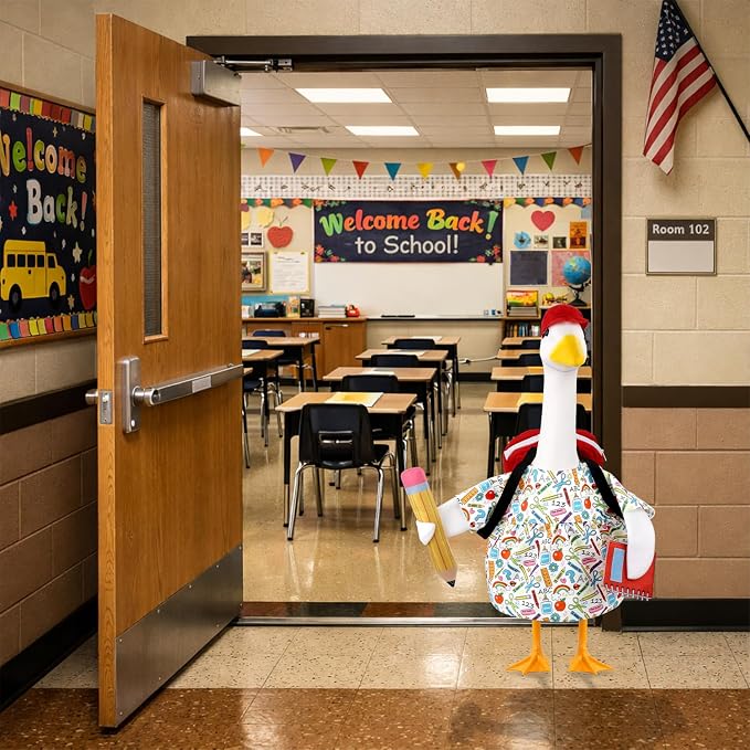 Back to School Porch Goose Outfits Goose Costume for School Outdoor Decor | Fits 23'' Plastic/Cement Statues, with School Bag, Pencil, and Notebook, for Classroom Garden Yard Patio Decoration
