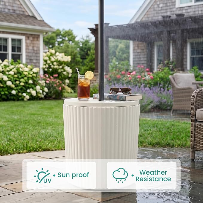 SUNBURY Umbrella Side Table, Outdoor Patio Table Round with Umbrella Hole for Porch, Base Outdoor Garden Stand for Patio Coffee, Picnic or Poolside Table, Easy Assembly, White