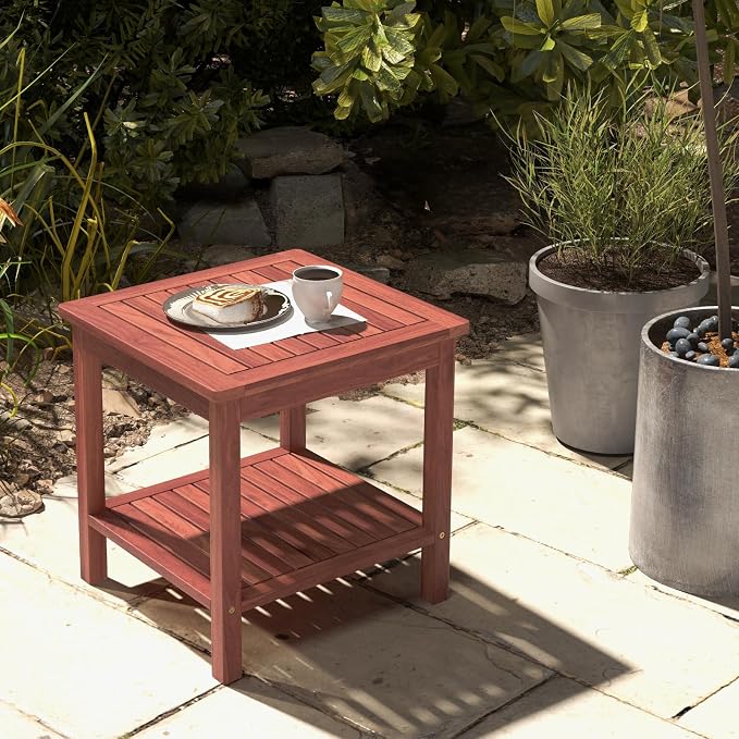Tangkula Patio Side Table, Double-Tier Acacia Wood End Table, Slatted Tabletop & Shelf, Outdoor Small Side Table with Storage, Compact Wood Table for Backyard, Balcony (2, Natural)