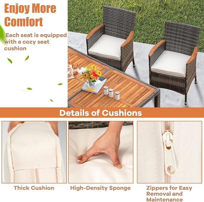 7 Pieces Patio Dining Set Outdoor Dining Set, Wicker Patio Furniture Set with Acacia Wood Table and Chairs, Garden Dining Table Set for Backyard, Desk, Poolside, (Grey)