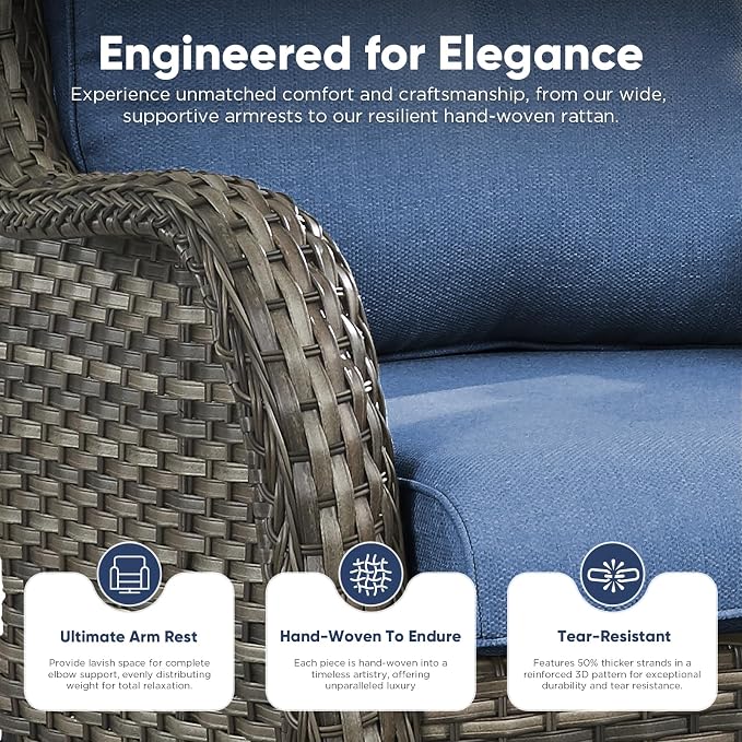 Belord 7 Piece Wicker Patio Furniture Set, Outdoor Swivel Rocker Chairs Set of 2 with Ottomans, 3 Seat Sofa and Loveseat, All Weather Patio Conversation Furniture Set, for Pool,Yard Gray Wicker/Blue