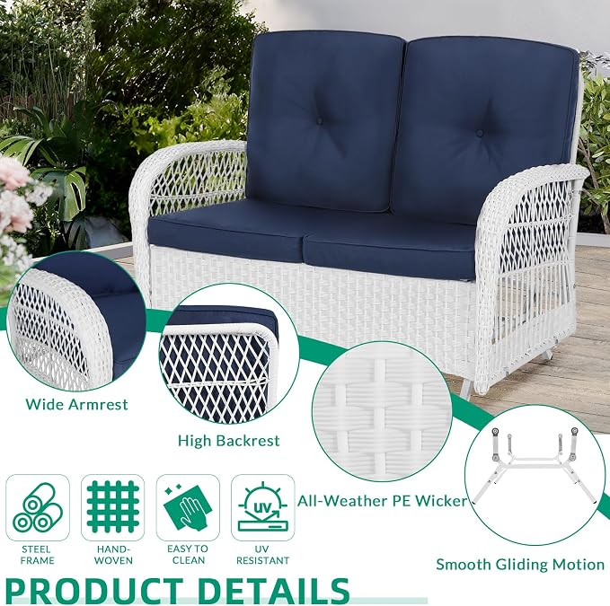 VIVIJASON 4-Piece Outdoor Patio White Wicker Conversation Sets, All Weather Rattan Furniture Set Includes Glider Loveseat, Coffee Table, 2 Glider Rocker Chairs w/Cushion for Lawn Balcony, Navy Blue