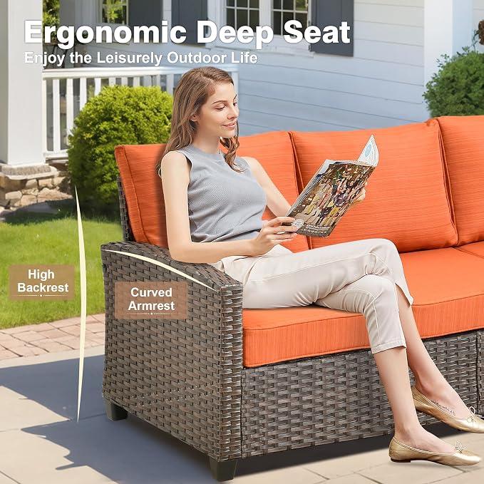 ovios 6 Pieces Patio Furniture Set, Outdoor Wicker Sofa Couch with 42" Fire Pit Table Comfy Cushions, All Weather Brown Rattan Conversation Set for Backyard Deck, Orange Red