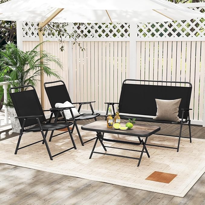 Tangkula 4 Piece Folding Patio Furniture Set, Metal Chair & Table Set with Breathable Fabric Seat, Outdoor Sectional Conversation Set with 2 Patio Chairs, Loveseat, Coffee Table for Yard Porch Deck