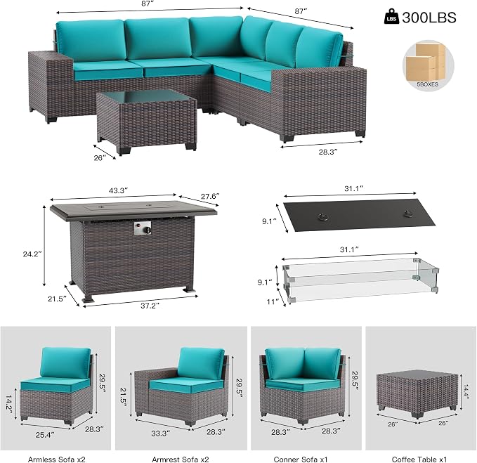 7 Pieces Outdoor Patio Furniture Set with 43"/55000BTU Gas Fire Pit Table,PE Rattan Wicker Outdoor Conversation Sofa Set Non-Slip Cushions Waterproof Covers for Backyard,Poolside,Garden,Blue