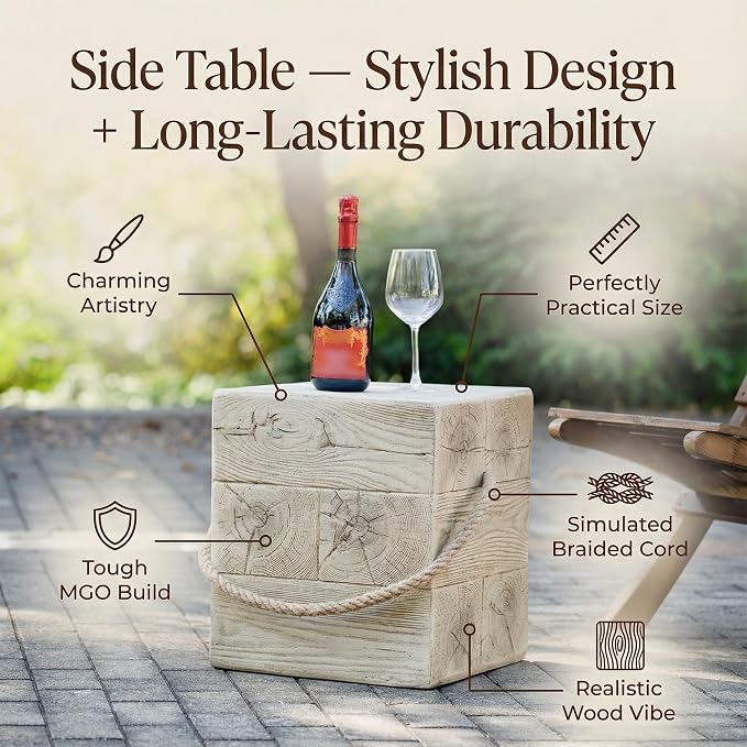 Outdoor Side Table, Small Patio End Table with Faux Wood Grain & Braided Rope Accent, MGO Weatherproof Indoor Outdoor Accent Table for Porch Balcony Garden, No Assembly, 14.8 Inch Square