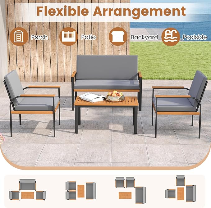 Tangkula 8 Pieces Patio Furniture Set, Outdoor Conversation Set with Acacia Wood Coffee Table, Cushioned Loveseat & 2 Single Armrest Chairs, for Porch, Garden, Backyard, Poolside