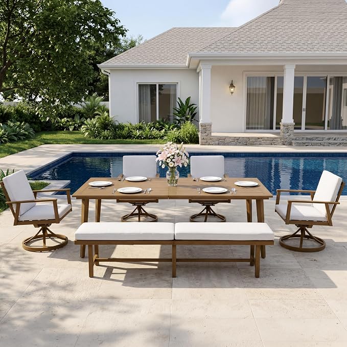 6-Piece Outdoor Table Set with 4 Swivel Chairs & 3-Person Bench, 8-Person Outdoor Rectangular Dining Table with Umbrella Hole, Patio Table Set with Chairs for Garden Backyard Proch, Teak
