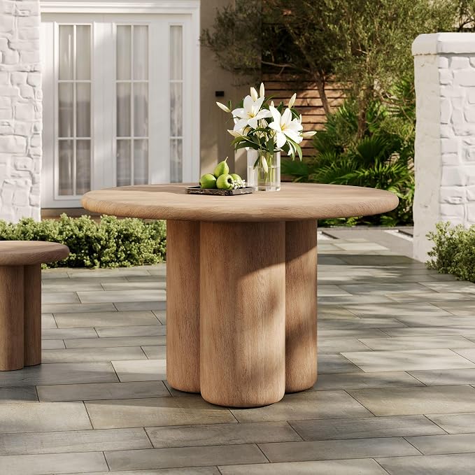 Modway Tori 48 Inch Round Concrete Outdoor Dining Table in Oak - Modern Patio Bistro Table, Seats 4, for Backyard, Balcony, Sunroom, Deck, Or Indoors
