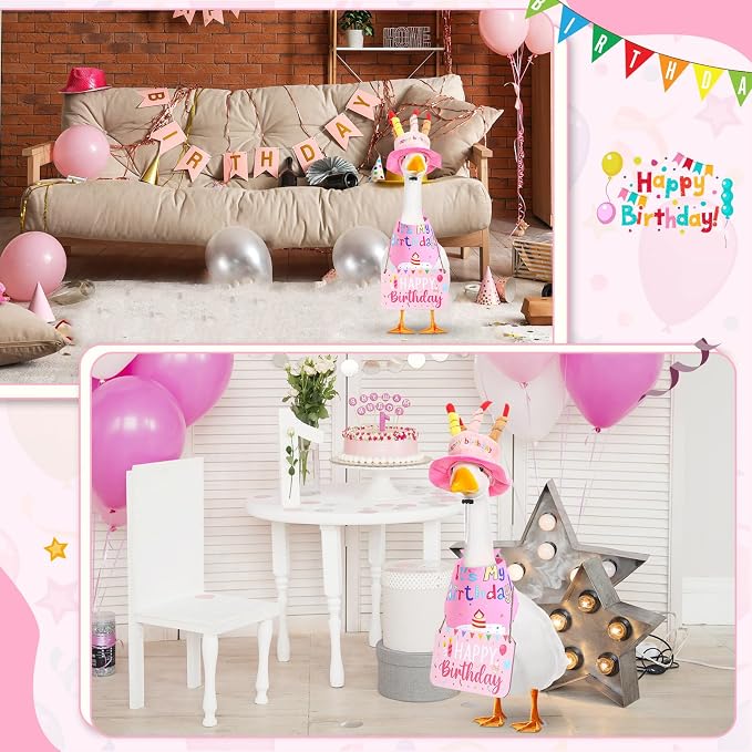 Happy Birthday Porch Goose Outfit Lawn Goose Cloth Costume for 23" Cement Plastic Patio Yard Statue Outdoor(Pink,Triangle Scarf)
