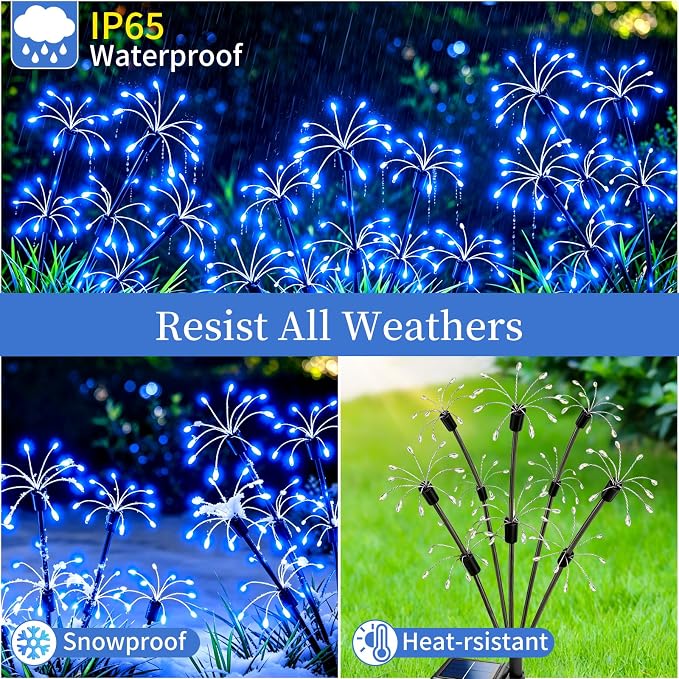 Solar Garden Lights Outdoor, 4 Pack 2-Layer Blue Fairy Firework Lights | Waterproof Starburst Flower Light, Garden Decor for Yard Patio Pathway Lawn, Unique Gifts for Women Mom Grandma Christmas