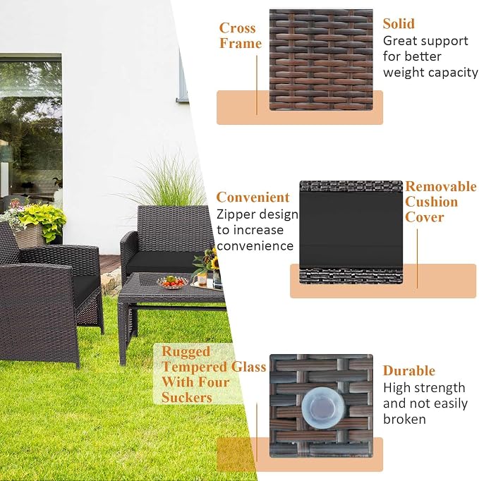 HAPPYGRILL 4 Pieces Rattan Conversation Set Outdoor Wicker Furniture Set with Tempered Glass Coffee Table, Soft Cushions, Weather-Resistant Rattan Chair Set for Garden Backyard Poolside (Black)