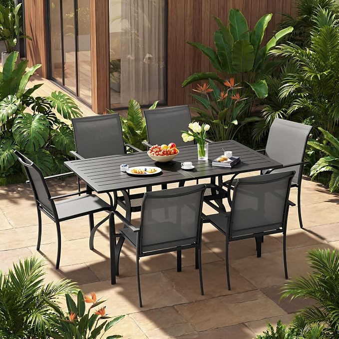 Crownland 7-Piece Outdoor Dining Set, Patio Textilene Dining Sets, 6 Metal Textilene Chairs and Rectangular Outdoor Dining Table with 1.57" Umbrella Hole(Grey)