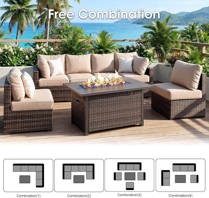 Grezone 7 Piece Patio Furniture Set with 44" Fire Pit Table, Outdoor Sectional Couch, PE Rattan Patio Conversation Sets with 4inch Cushions for Backyard Beige