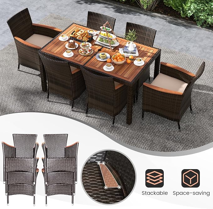7-Piece Outdoor Wicker Dining Set with Umbrella Hole, Patio Dining Furniture with Acacia Wood Table and Chairs, for Garden, Backyard, Desk & Poolside (Brown)