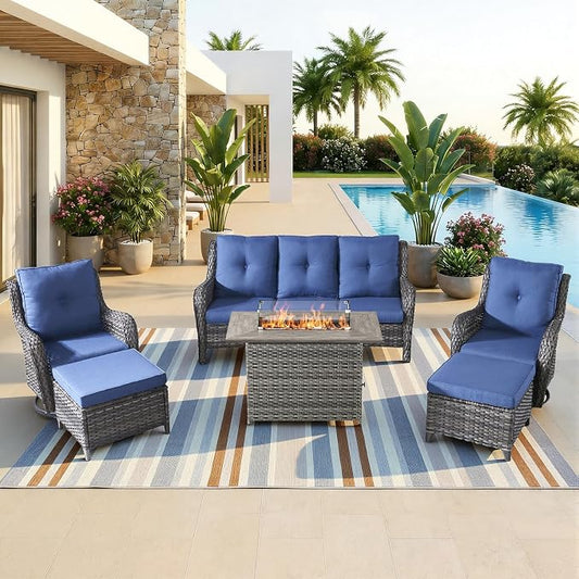 Patio Furniture Set with 41" Fire Pit Table - High Back Patio Conversation Set with 4 Inch Thick Cushions and Deep Seating Swivel Glider Chairs & Outdoor Couch for Porch Deck Yard Pool Brown