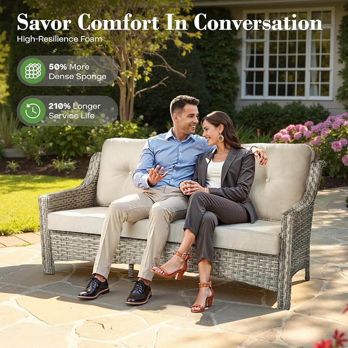 ovios 6 Piece Outdoor Patio Furniture with 3 Seat Sofa,Rattan Wicker Coversation Set with High Back,Sectional Single Sofa with Ottoman for Outside Porch Balcony Backyard Pool, Beige