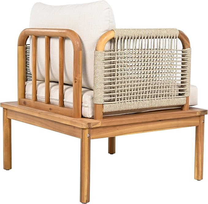 JIVOIT Outdoor Armchair, Acacia Wood and Rope Club Chair with Cushions, Mid Century Design Comfortable Single Armchair for Backyard Porch Garden Balcony