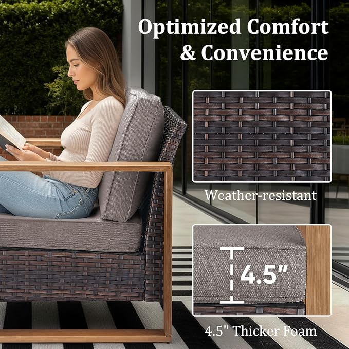 High Back Patio Furniture Set with Fire Pit Table, 4-Pieces Outdoor Furniture with Metal Arm Swivel Chairs, Wicker Conversation Set for Porch, Balcony, Deck and Yard, Grey