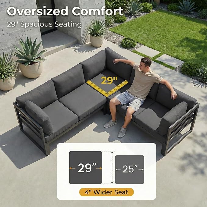 RADIATA 9 Pcs Modern Aluminum Outdoor Patio Furniture Set with Fire Pit Table Propane/Gas, Extra Large All-Weather Modular Sectional Couch, 29" Wide Deep Seating Conversation Sofa for Deck, Dark Grey