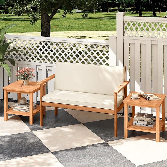 Tangkula Outdoor Side Table, 2-Tier Acacia Wood Square End Table with Slatted Tabletop & Storage Shelf, Indoor Outdoor Wooden Accent Bistro Patio Table for Backyard, Poolside, Garden, Natural (2)