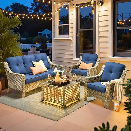 ovios 4 Piece Outdoor Patio Furniture with 3 Seat Sofa,Rattan Wicker Coversation Set with High Back,Sectional Single Sofa with Ottoman for Outside Porch Balcony Backyard Pool, Navy Blue