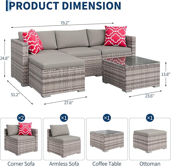 PeakPursuit Outdoor Patio Furniture Set, 5 Pieces Rattan Patio Conversation Sets with Glass Coffee Table and Cushion,All Weather Outdoor Patio Sofa for Garden, Poolside, Backyard,Light Grey