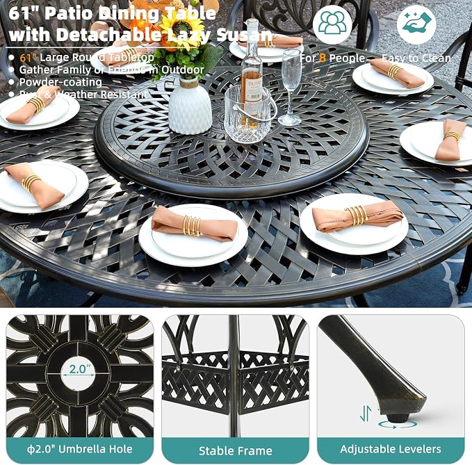 MEETWARM Outdoor 9-Piece Patio Dining Set, All-Weather Cast Aluminum Patio Conversation Set- 8 Cushioned Swivel Rocker, 61" Round Patio Dining Table w/Detachable Lazy Susan/Umbrella Hole, Dark Bronze