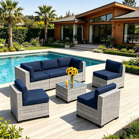 7 Piece Patio Furniture Set, Rattan Outdoor Patio Conversation Sets, Outdoor Sectional Furniture with Thickened Cushion and Coffee Table, for Deck, Backyard, Garden, Off-White & Dark Blue
