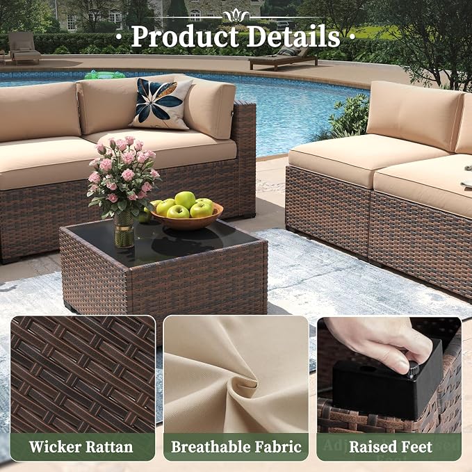 Aoxun 7 Piece Patio Furniture Set Wicker Rattan Patio Conversation Set Outdoor Sectional Sofa Set with Coffee Table and Thickened Cushions, Beige