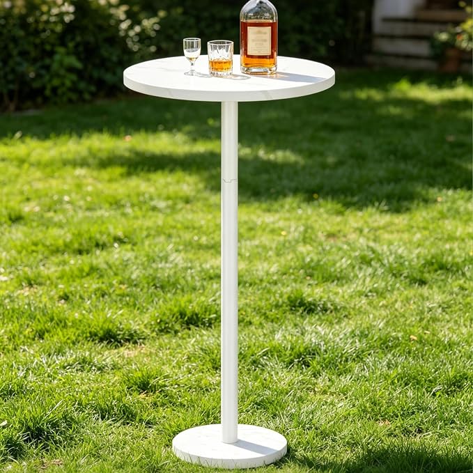 Small Drink Table Round White Side Table with Weighted Marble Base, Indoor Outdoor Pedestal Side Table for Small Spaces, Living Room, Bedroom, Sofa Couch, Office