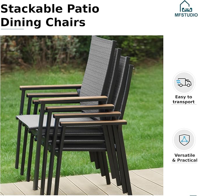MFSTUDIO 7 PCS Patio Dining Set with 6 Stacking Aluminum Armchair(Grey) and 1 Rectangular Heavy Duty Table, Patio Dining Table and Chairs Set, Patio Dining Furniture Set for 6