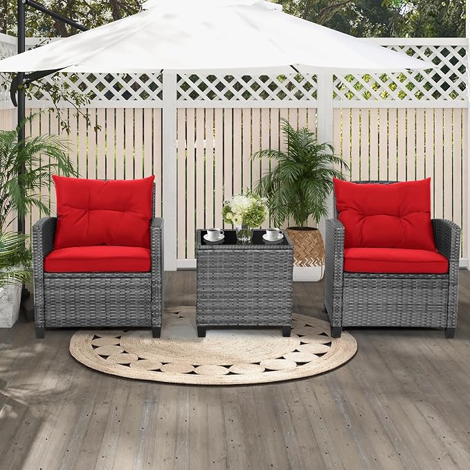 Patio Furniture Set, 3 Pcs Outdoor Wicker Conversation Set with Glass Coffee Table, Patio Chairs w/Washable Cushions, PE Rattan Outdoor Furniture Set for Porch Garden Backyard (Red)