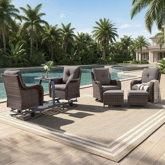 Rilyson Luxury Wicker Outdoor Conversation Set with Glider Rocker Chairs, 5 Pieces Patio Furniture Set with Rattan Swivel Rocker Chairs and Ottomans All Weather Brown/Grey