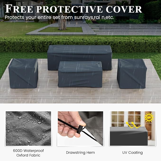 Aluminum Patio Furniture with Fire Pit Table, 6 Piece Outdoor Set, Waterproof Covers for Backyard Garden (Dark Grey & Light Grey)