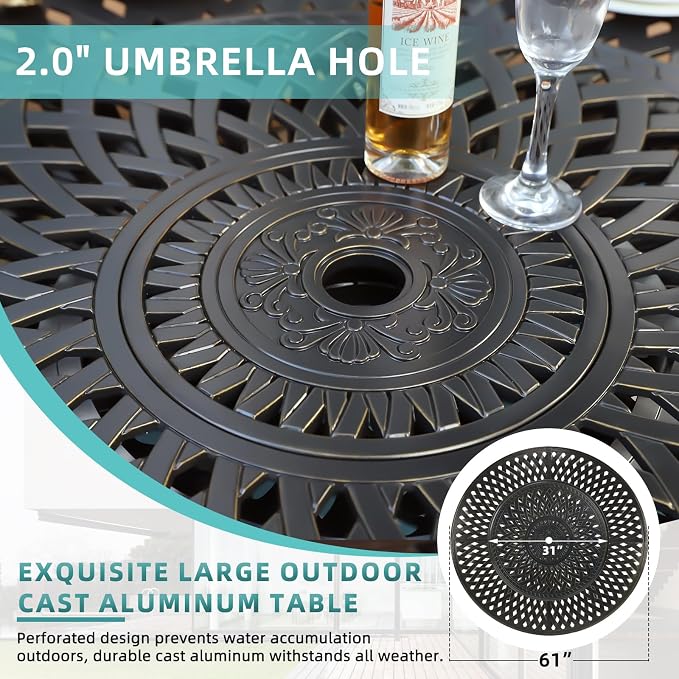 MEETWARM 61" Outdoor High Bar Dining Table for 8 Person, All Weather Cast Aluminum Large Round High Top Dining Table with 31" Lazy Susan, Patio Bar Height Table for Garden Backyard, 2" Umbrella Hole