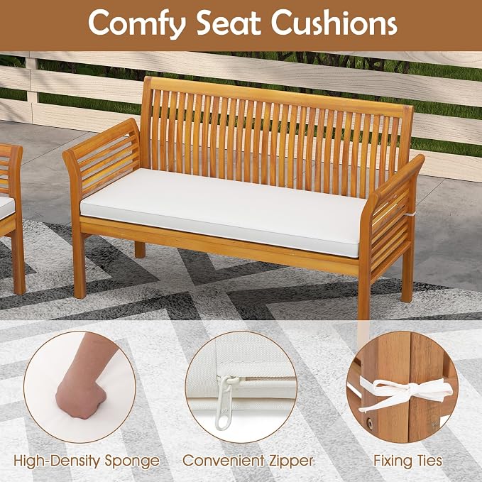 HAPPYGRILL 4 Pieces Acacia Wood Patio Conversation Set, Outdoor Wood Furniture Set with Seat Cushions, Wicker Sofa Chairs & Coffee Table for Garden Poolside Deck (1)