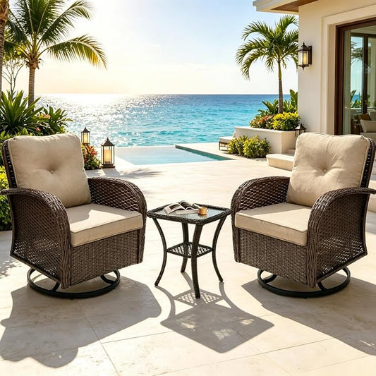 Outdoor Swivel Rocker Patio Chairs 3 Pieces，Swivel Patio Chairs with Cushions，Outdoor Swivel Rocking Chairs Set of 2 with Rattan Side Table，Patio Furniture Set for Outside Porch Deck