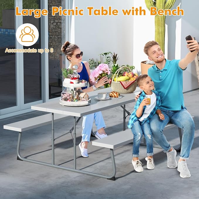 Tangkula 6 Ft Folding Picnic Table, Outdoor 8 Person Large Picnic Table Set with 2 Built-in Benches, Umbrella Hole, Metal Frame & HDPE Tabletop for Garden, Backyard (Grey)