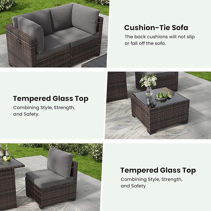 Soohow 7-Piece Patio Furniture Set, Outdoor Conversation Set, Thickened All-Weather Rattan Sectional Sofa with Tempered Glass Table for Garden, Porch, Backyard - Grey Cushions