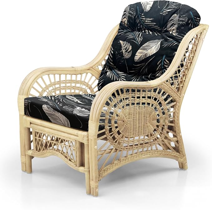 Malibu Lounge Set of 4: 2 Natural Rattan Wicker Chairs, Three-Seater Sofa and Coffee Table with Glass Handmade, Natural Color with Black Leaf Cushions