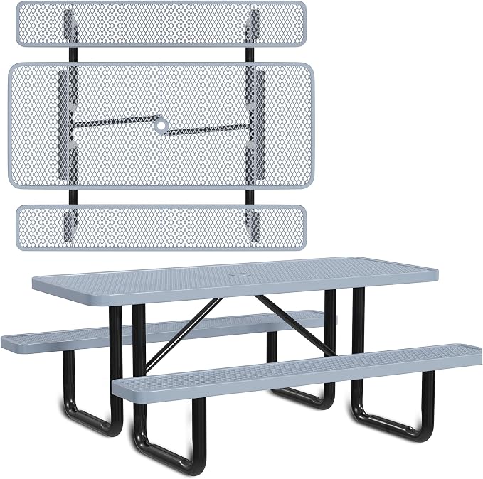 Leisure Craft Metal Picnic Table with Bench - 6 ft Rectangle Outdoor Dining Table for 6, Umbrella Hole, Weatherproof Heavy Duty Thermoplastic Coating, Commercial Grade Furniture Made in USA - Gray
