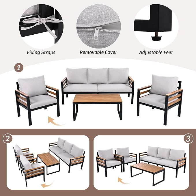 4-Piece Patio Set, Outdoor Furniture Sofa Set for 5 People with Acacia Wood Armrests, Conversation Set with Solid Wood Coffee Table, 2 Single Chairs, 3-Seater Sofa for Garden and Backyard (Beige/453)