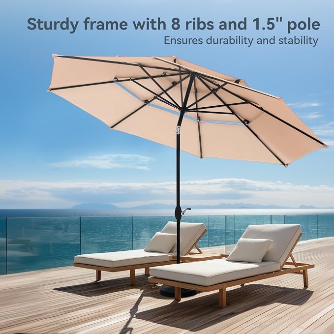 PHI VILLA 5 Pieces Outdoor Dining Set with Umbrella for 4 | 37" Square Metal Steel Table & Stacking Wrought Iron Chairs & 3-Tier Beige Umbrella, Outside Furniture Set