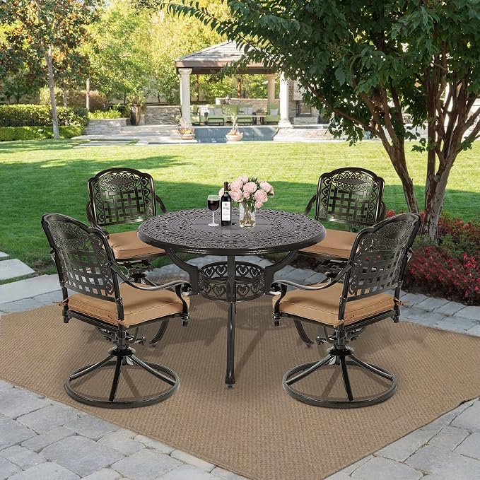 MEETWARM 5-Piece Outdoor Patio Dining Set, All-Weather Cast Aluminum Patio Conversation Set with 4 Cushions Swivel Rocker Chairs for Backyard Garden Deck and 38.5" Round Table, 2.2" Umbrella Hole